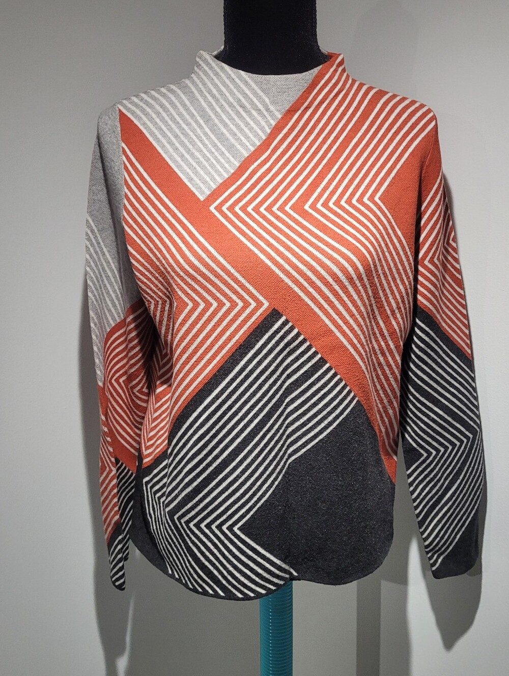 Gerry Weber Women's Mockneck Geometric Stripe Print Sweater Medium Orange Grey